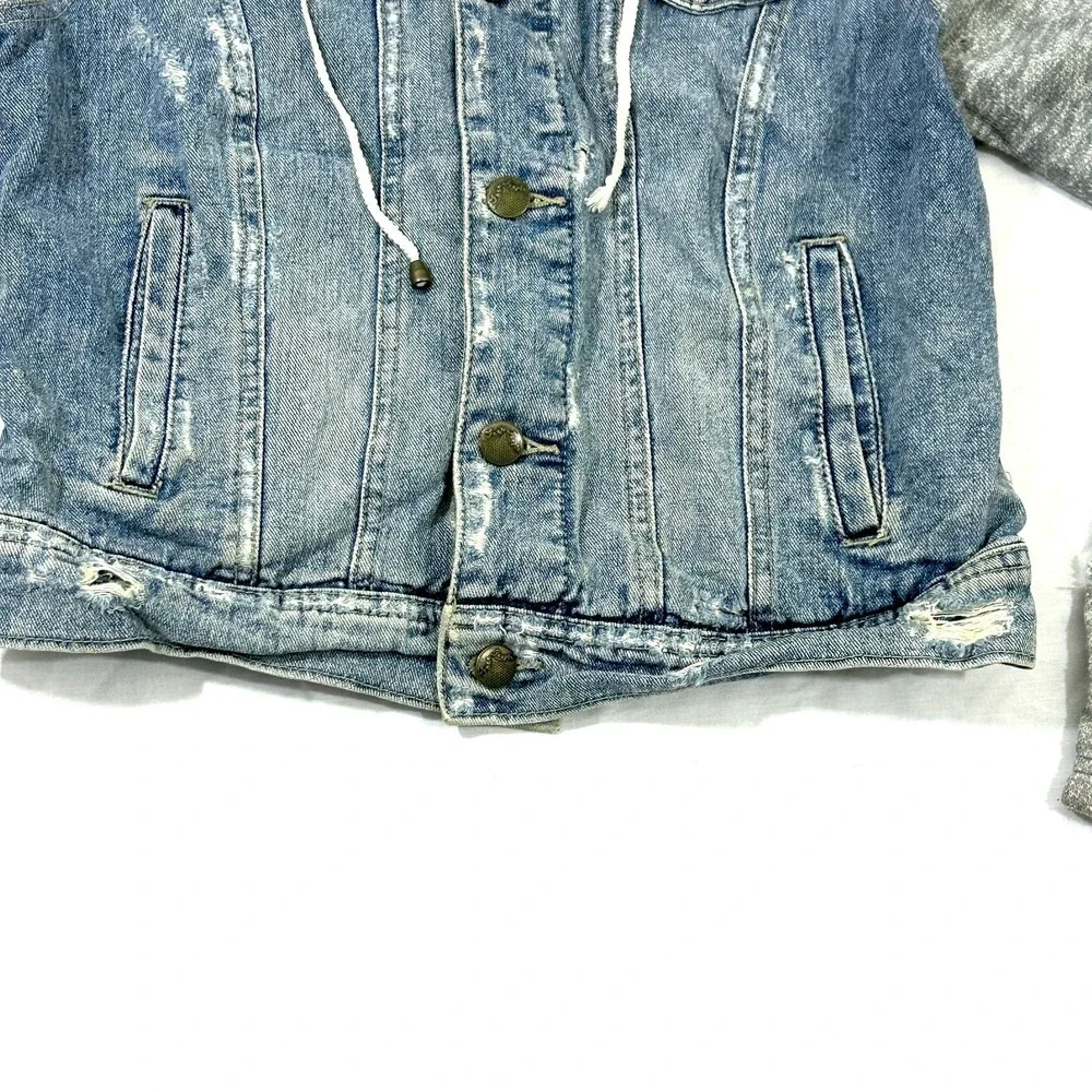 Free People Cotton Denim Jean Knit Hoodie Collared Layered Jacket Blue Gray S - Picture 6 of 12